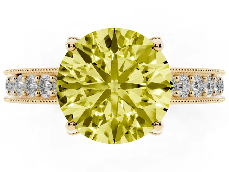 Round Hidden Halo Engagement Ring Setting for a Fancy Yellow Lab-Grown Diamond | Milgrain Pave | Yellow Gold
