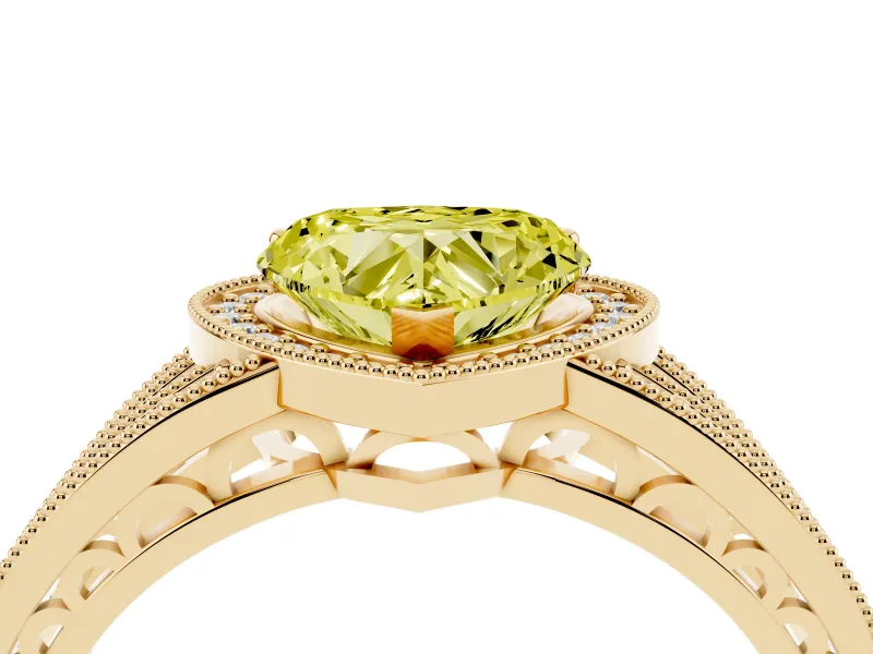 Fancy Yellow Heart Cut Diamond Halo Ring Set in Yellow gold with Accent Split Shank and Prong Setting