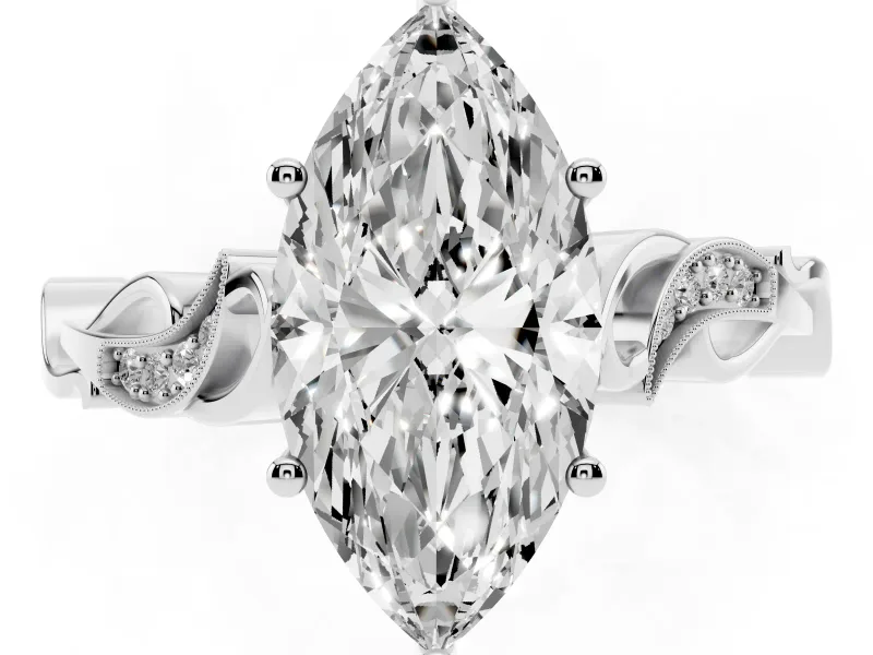 Marquise Vintage Vine Solitaire Engagement Ring Setting | Milgrain Leaves | White Gold