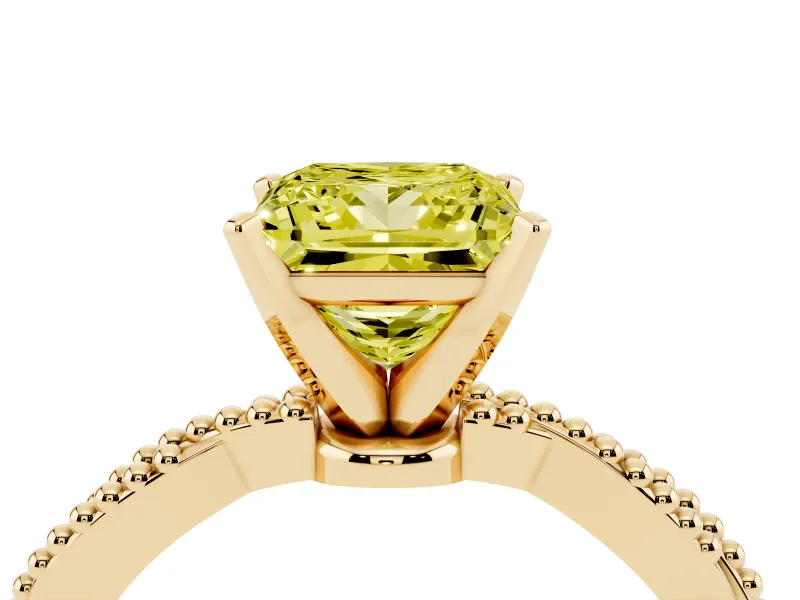 Fancy Yellow Princess Cut Diamond Solitaire Ring Set in Yellow gold with Twisted Band and Bead Prong Setting