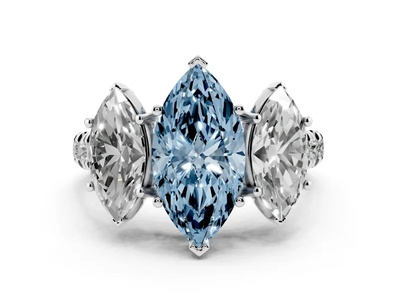 Fancy Blue Marquise Cut Diamond Three-Stone Ring Set in Platinum with Pavé Band