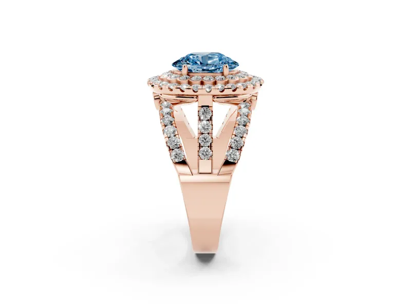 Oval Double Halo Split Shank Engagement Ring Setting for a Fancy Blue Lab-Grown Diamond | Pave Strands | Rose Gold