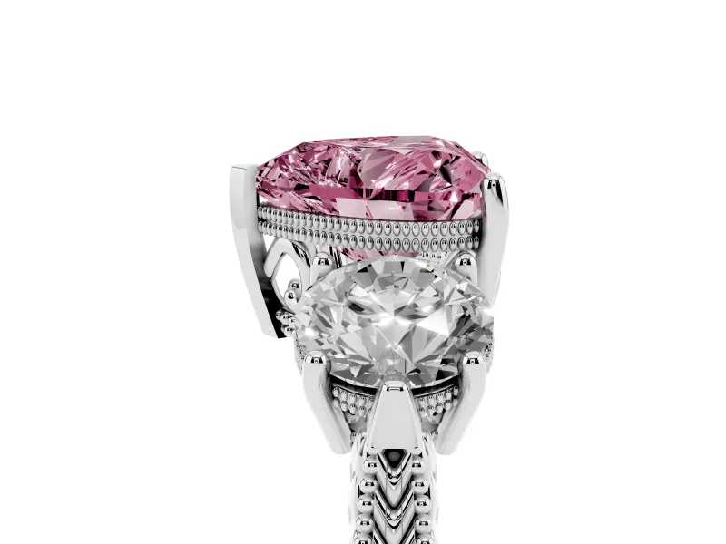 Heart-Shaped Vintage Three Stone Engagement Ring Setting for a Fancy Pink Lab-Grown Diamond | Milgrain Band | White Gold