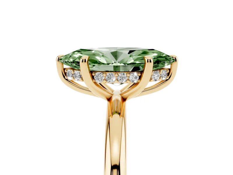 Fancy Green Marquise Cut Diamond Solitaire Ring Set in Yellow gold with Thin Band and Prong Setting