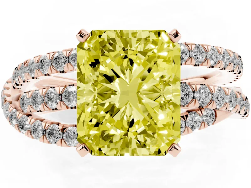 Fancy Yellow Radiant Cut Diamond Solitaire Twist Band Ring Set in Rose gold with Pavé Setting and Prong Head