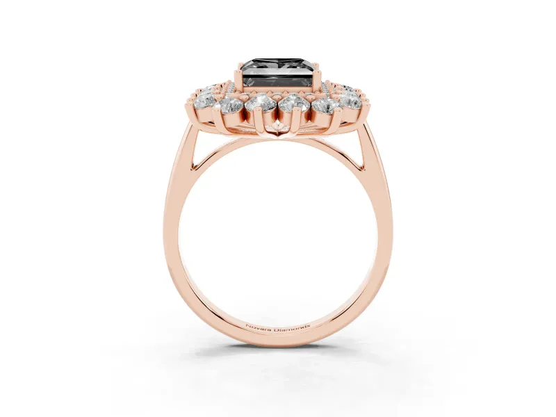 Princess Cut Floral Double Halo Engagement Ring Setting for a Black Center | Plain Band | Rose Gold