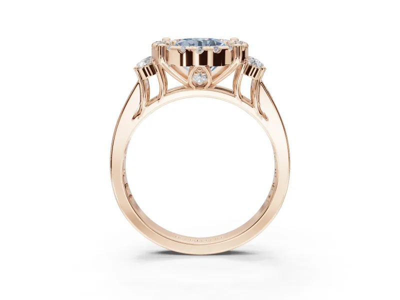 Round Halo Engagement Ring Setting for a Fancy Blue Lab-Grown Diamond | Side Clusters | Rose Gold