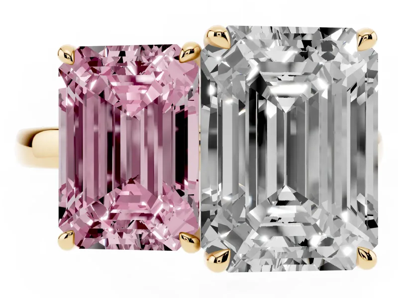 Fancy Pink Emerald Cut and Emerald Cut Toi Moi Ring Set in Yellow gold with Prong Setting