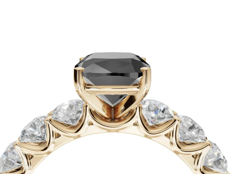 Cushion Cut Side Stone Engagement Ring Setting for a Black Center | Yellow Gold