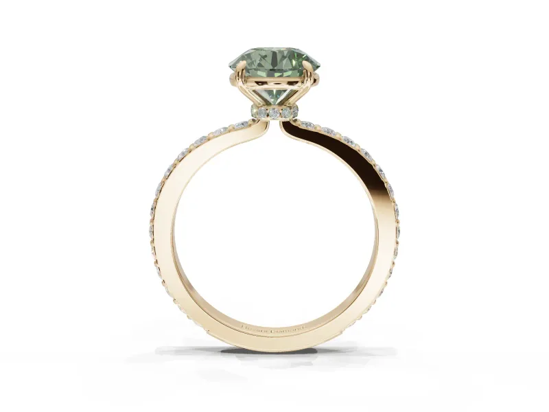 Round Hidden Halo Engagement Ring Setting for a Fancy Green Lab-Grown Diamond | Pavé Band | Yellow Gold