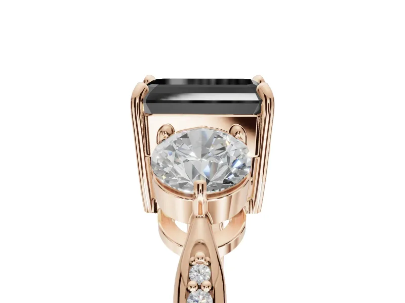 Emerald Cut Three Stone Engagement Ring Setting for a Black Center | Tapered Pavé Band | Rose Gold