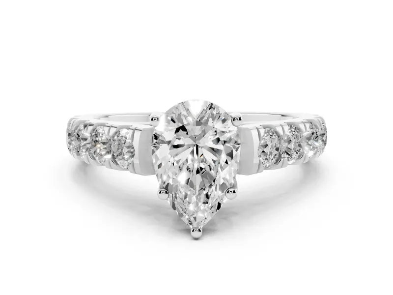Pear Cut Diamond Solitaire Ring Set in White gold with Cut-Down Micro Pavé Band and Prong Setting