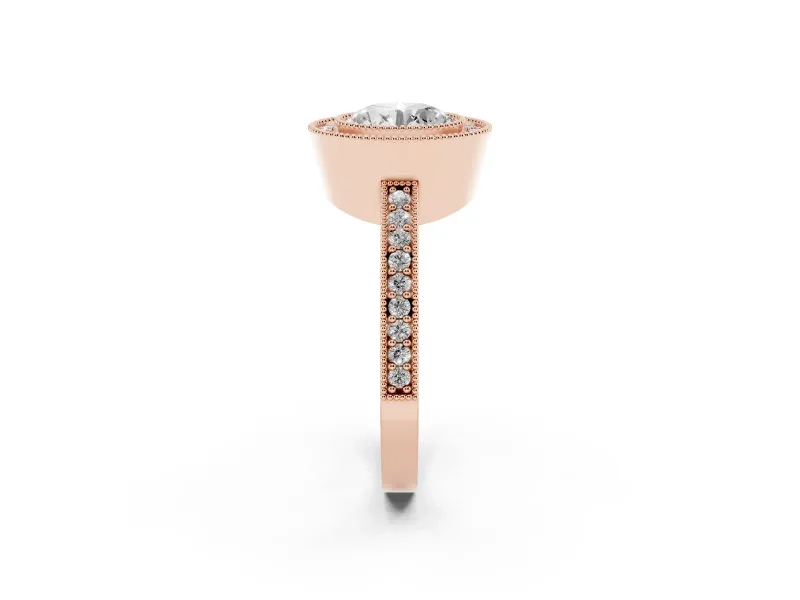 Round Cut Diamond Halo Engagement Ring Set in Rose gold with Pavé Band and Round Halo Stones