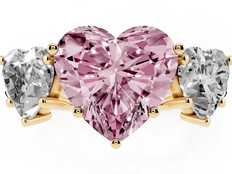 Heart-Shaped Three Stone Engagement Ring Setting for a Fancy Pink Lab-Grown Diamond | Accented Shoulders | Yellow Gold