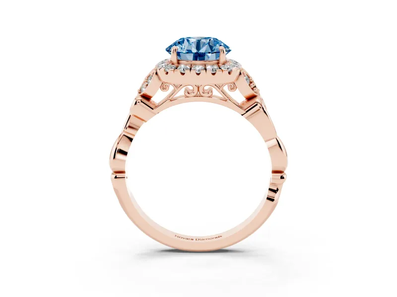 Round Halo Engagement Ring Setting for a Fancy Blue Lab-Grown Diamond | Leaf Shoulders | Rose Gold