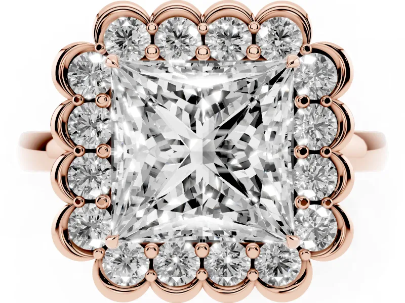 Princess Cut Scalloped Cluster Halo Engagement Ring Setting | Plain Band | Rose Gold