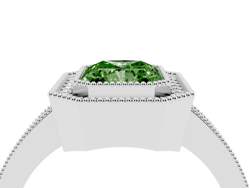 Fancy Green Radiant Cut Diamond Halo Engagement Ring Set in Silver with Pavé Band and Round Halo Stones