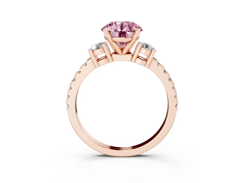 Fancy Pink Three-Stone Round Cut Diamond Pavé Band Ring Set in Rose gold with Prong Setting