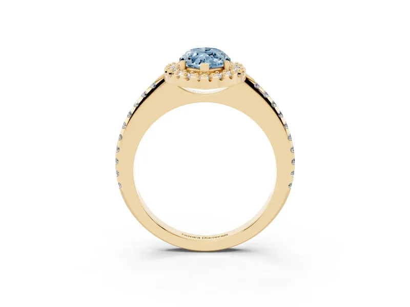 Marquise Pave Halo Engagement Ring Setting for a Fancy Blue Lab-Grown Diamond | Pave Band | Yellow Gold