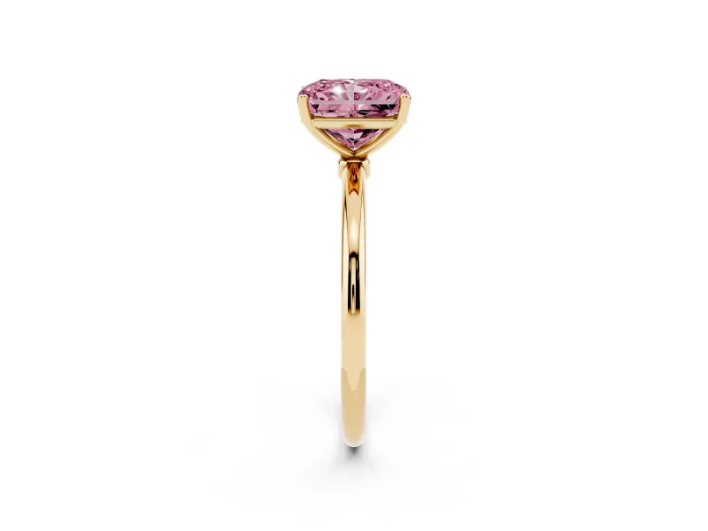 Fancy Pink Radiant Cut Diamond Solitaire Engagement Ring Set in Yellow gold with Thin Band and Prong Setting