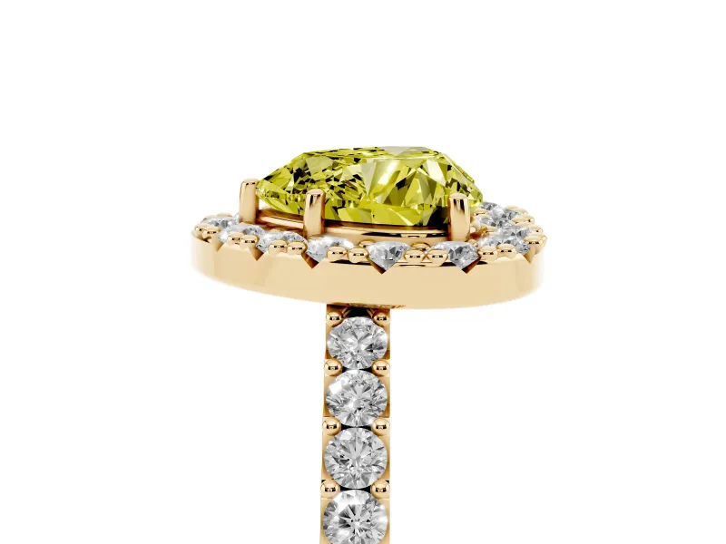 Fancy Yellow Heart Cut Diamond Halo Pavé Solitaire Ring Set in Yellow gold with Prong-Set Center Stone