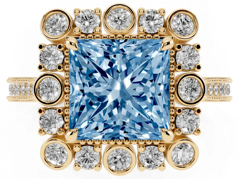 Princess Cut Scalloped Halo Engagement Ring Setting for a Fancy Blue Lab-Grown Diamond | Milgrain Edges | Yellow Gold