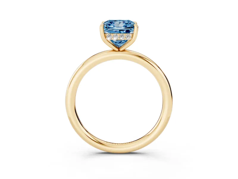 Fancy Blue Princess Cut Diamond Solitaire Ring Set in Yellow gold with Thin Band and Prong Setting