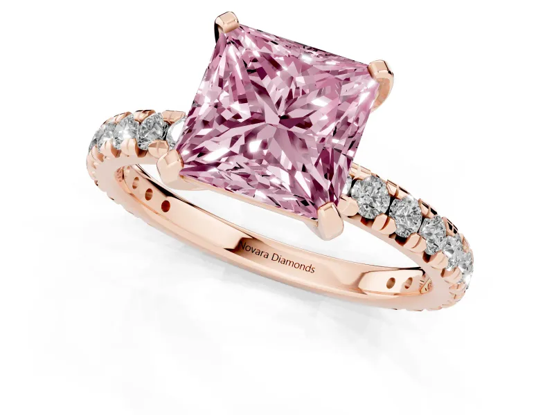 Princess Cut Pavé Solitaire Engagement Ring Setting for a Fancy Pink Lab-Grown Diamond | Shared Prong Band | Rose Gold