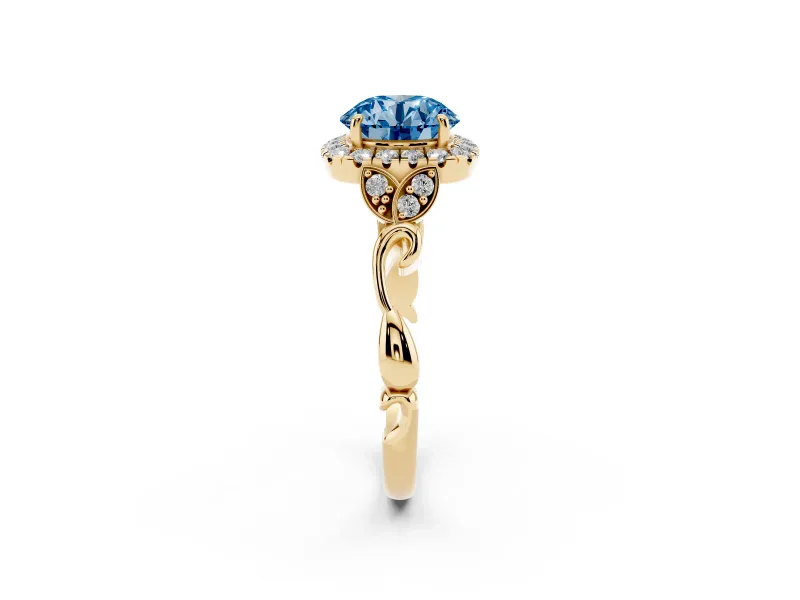 Round Halo Engagement Ring Setting for a Fancy Blue Lab-Grown Diamond | Leaf Shoulders | Yellow Gold