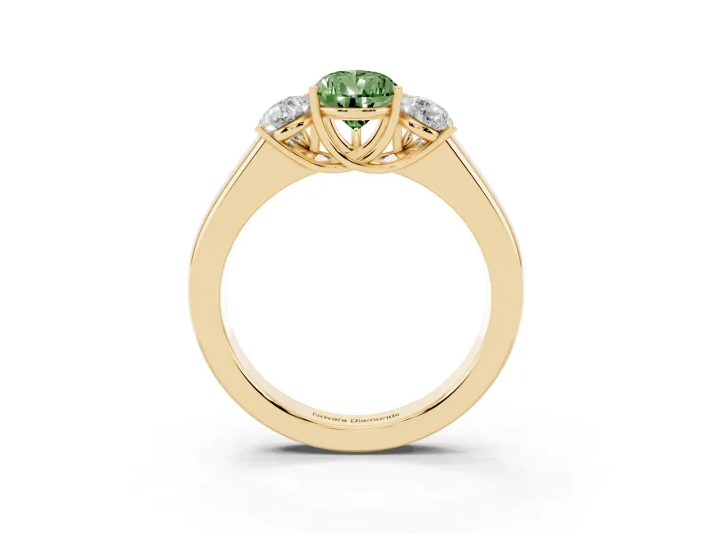 Fancy Green Three-Stone Pear Cut Diamond Ring Set in Yellow gold with Matching Prong Settings and Plain Band