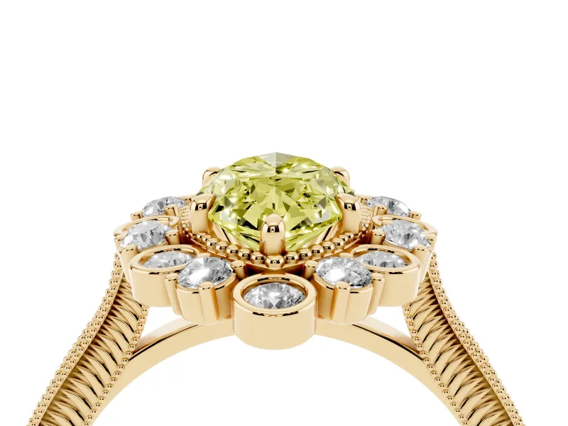 Fancy Yellow Marquise Cut Diamond Halo Milgrain Pavé Ring Set in Yellow gold with Prong Setting