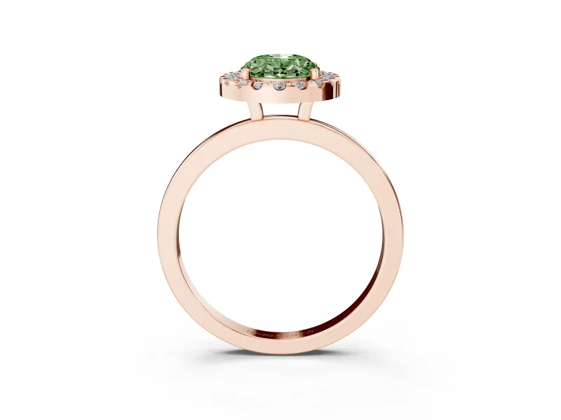 Fancy Green Oval Cut Diamond Halo Solitaire Ring Set in Rose gold with Pavé Band and Prong Setting
