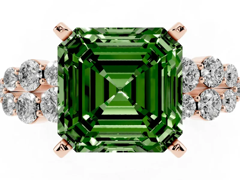 Asscher Cut Side Stone Engagement Ring Setting for a Fancy Green Lab-Grown Diamond | Shoulder Clusters | Rose Gold