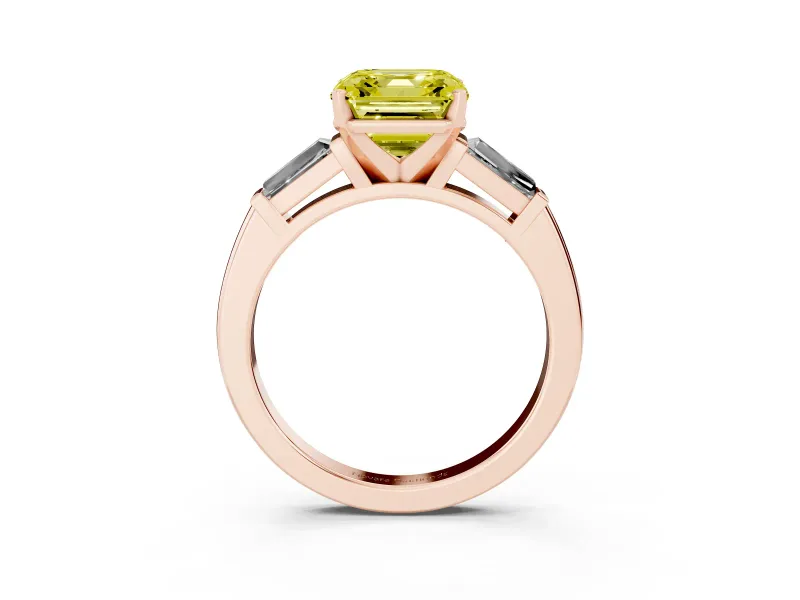 Fancy Yellow Asscher Cut Diamond Solitaire Ring Set in Rose gold with Tapered Baguette Side Stones and Prong Setting
