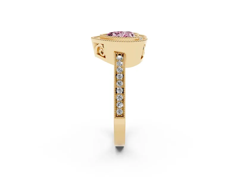 Fancy Pink Heart Cut Diamond Round Halo Ring Set in Yellow gold with Pavé Band
