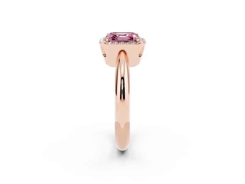 Fancy Pink Asscher Cut Diamond Halo Engagement Ring Set in Rose gold with Plain Split Shank and Prong Setting