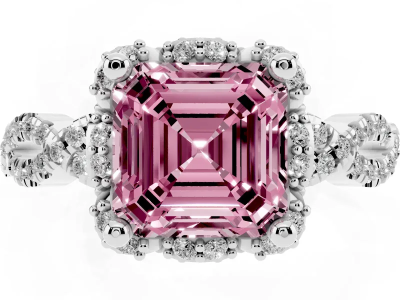 Fancy Pink Asscher Cut Diamond Halo Twist Band Solitaire Ring Set in Silver with Prong-Set Center Stone