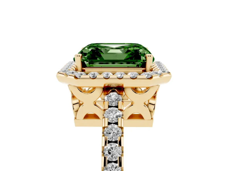 Asscher Cut Pave Halo Engagement Ring Setting for a Fancy Green Lab-Grown Diamond | Yellow Gold