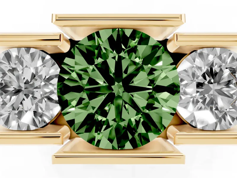 Round Channel-Set Three Stone Engagement Ring Setting for a Fancy Green Lab-Grown Diamond | Wide Flat Band | Yellow Gold