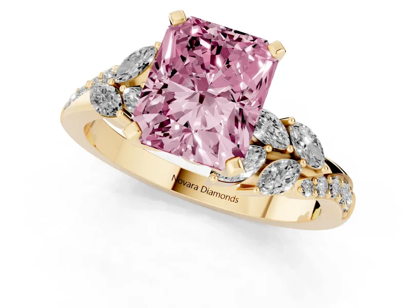 Fancy Pink Radiant Cut Diamond Solitaire Ring Set in Yellow gold with Marquise Twist Band and Prong Setting