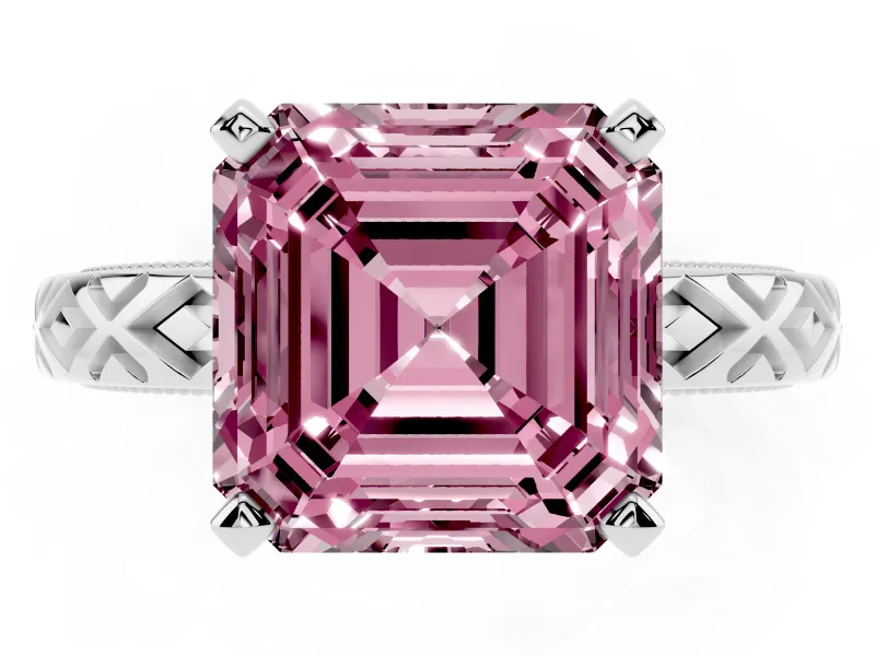 Fancy Pink Asscher Cut Diamond Solitaire Ring Set in White gold with Milgrain and Black Enamel X Pattern Band