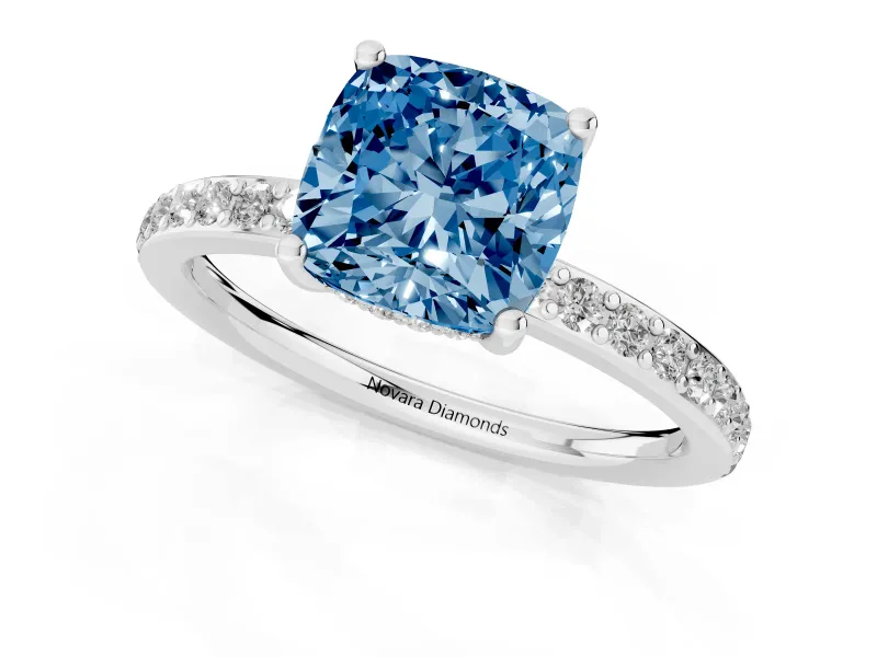 Fancy Blue Cushion Cut Diamond Pavé Band Ring Set in White gold with Prong-Set Center Stone
