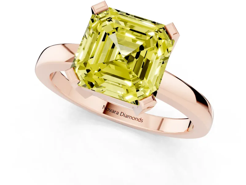Fancy Yellow Asscher Cut Diamond Solitaire Ring Set in Rose gold with Prong Head and Smooth Polished Band