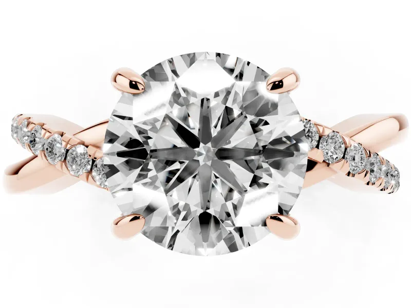 Round Cut Diamond Twist Band Solitaire Set in Rose gold with Pavé Accents and Prong Setting