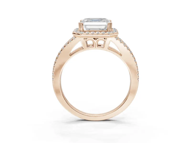 Asscher Cut Halo Split Shank Engagement Ring Setting | Pavé Shoulders | Rose Gold