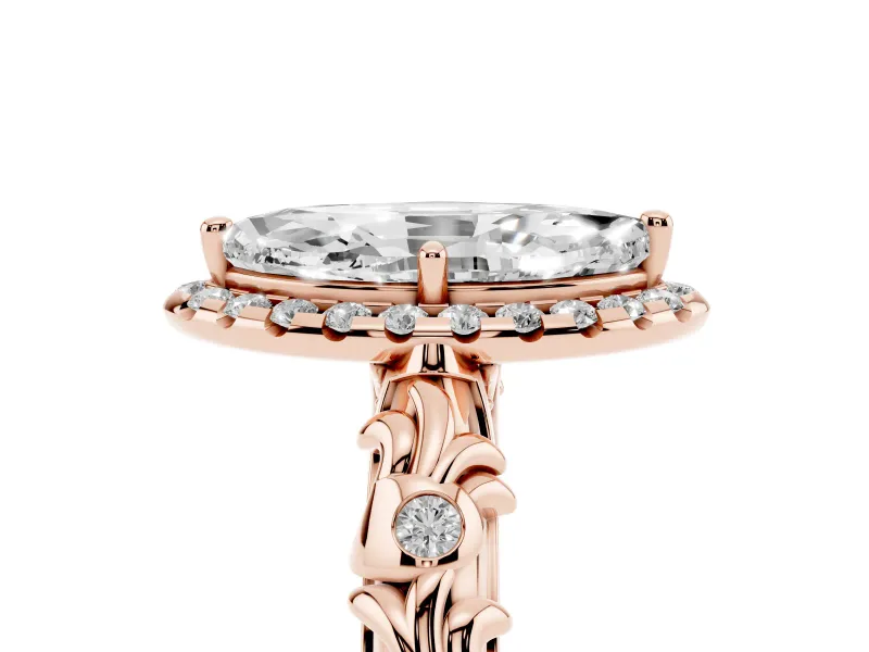 Marquise Filigree Leaf Halo Engagement Ring Setting | Bezel Leaf Accents | Rose Gold