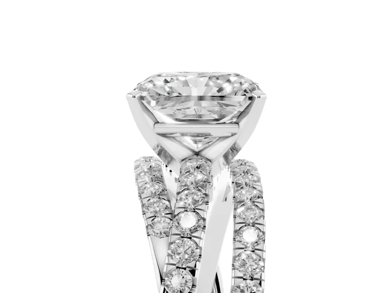 Radiant Cut Diamond Solitaire Twist Band Ring Set in Platinum with Pavé Setting and Prong Head