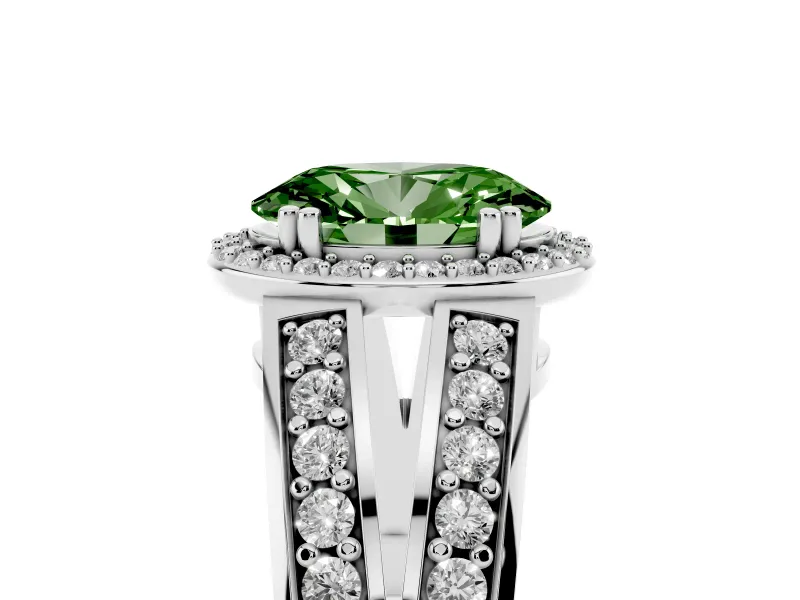 Fancy Green Oval Cut Diamond Halo Ring Set in Silver with Double Pavé Split Shank
