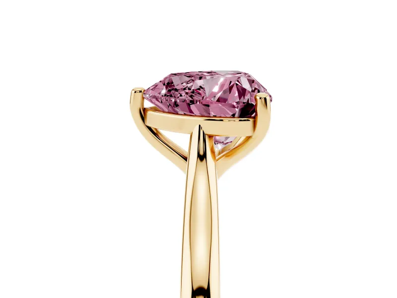 Fancy Pink Heart Cut Diamond Solitaire Ring Set in Yellow gold with Cathedral Band and Prong Setting