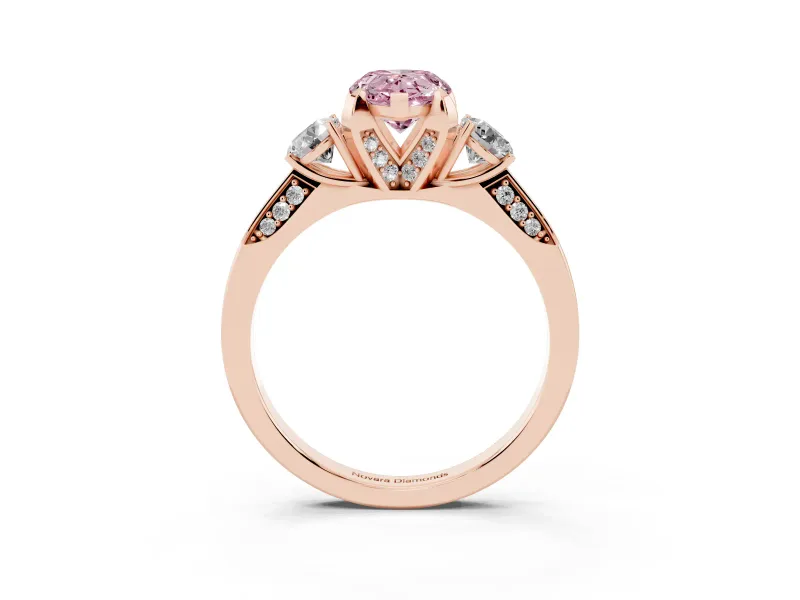 Pear-Shaped Hidden Halo Three Stone Engagement Ring Setting for a Fancy Pink Lab-Grown Diamond | Rose Gold
